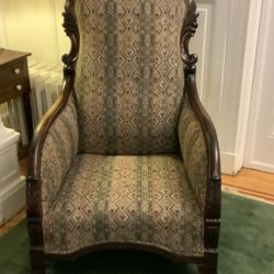 Price Drop - Antique Upholstered Mahogany Wing Chair