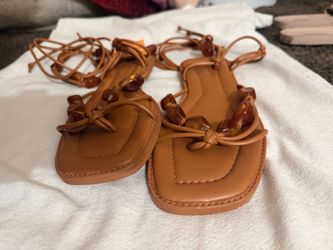 Tan Leather Lace-Up Sandals with Stone Beads