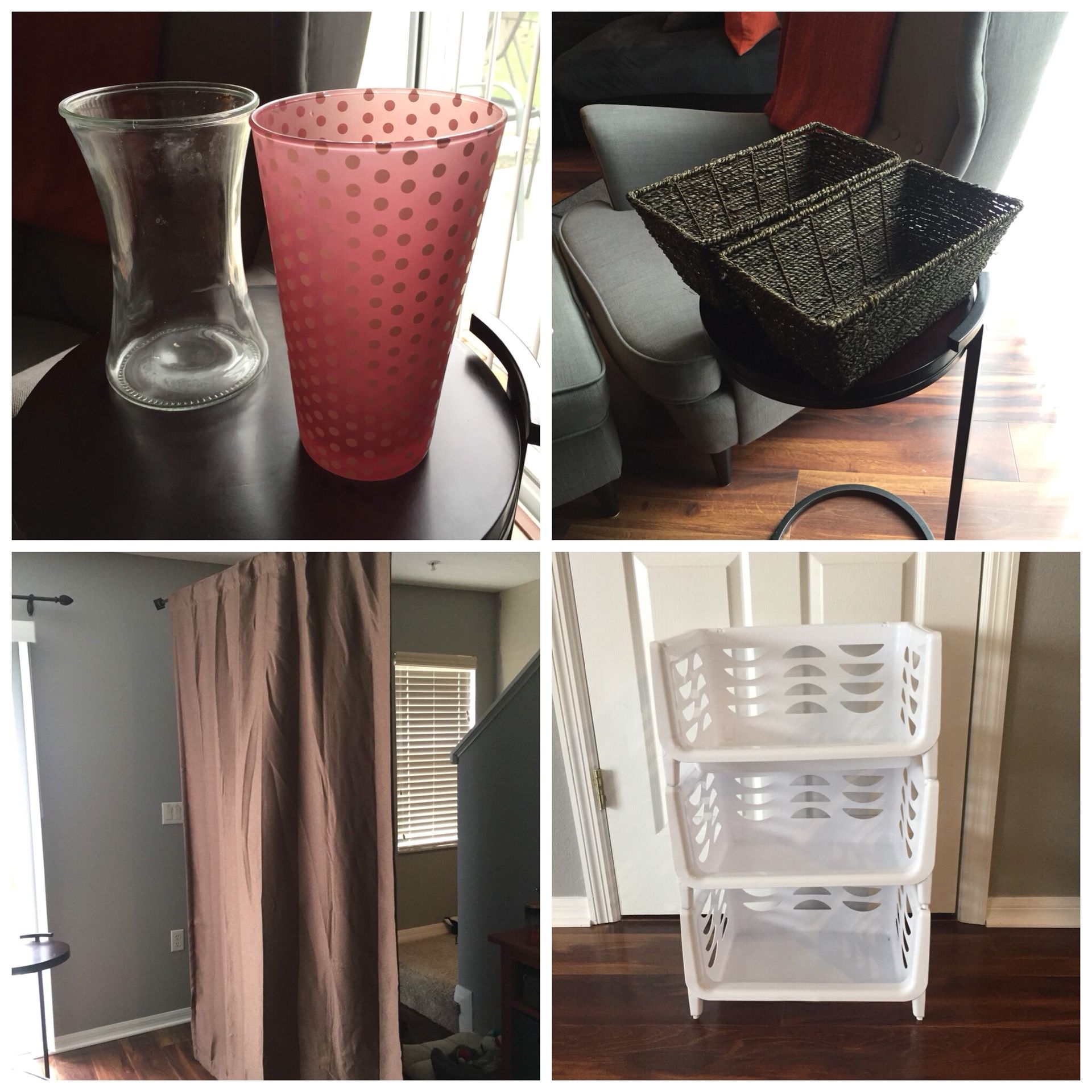 SEE DESCRIPTION FOR PRICING - 2 Brown Storage Baskets - 2 Glass Vases - White Stackable Storage Shelf - Blackout Curtain