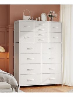 EnHomee Cómoda Blanca para Dormitorio Muebles Cómoda con 16 Cajones Cómoda Alta de Tela Armario Cómoda Cajonera Almacenamiento de Ropa Delgada para Sa
