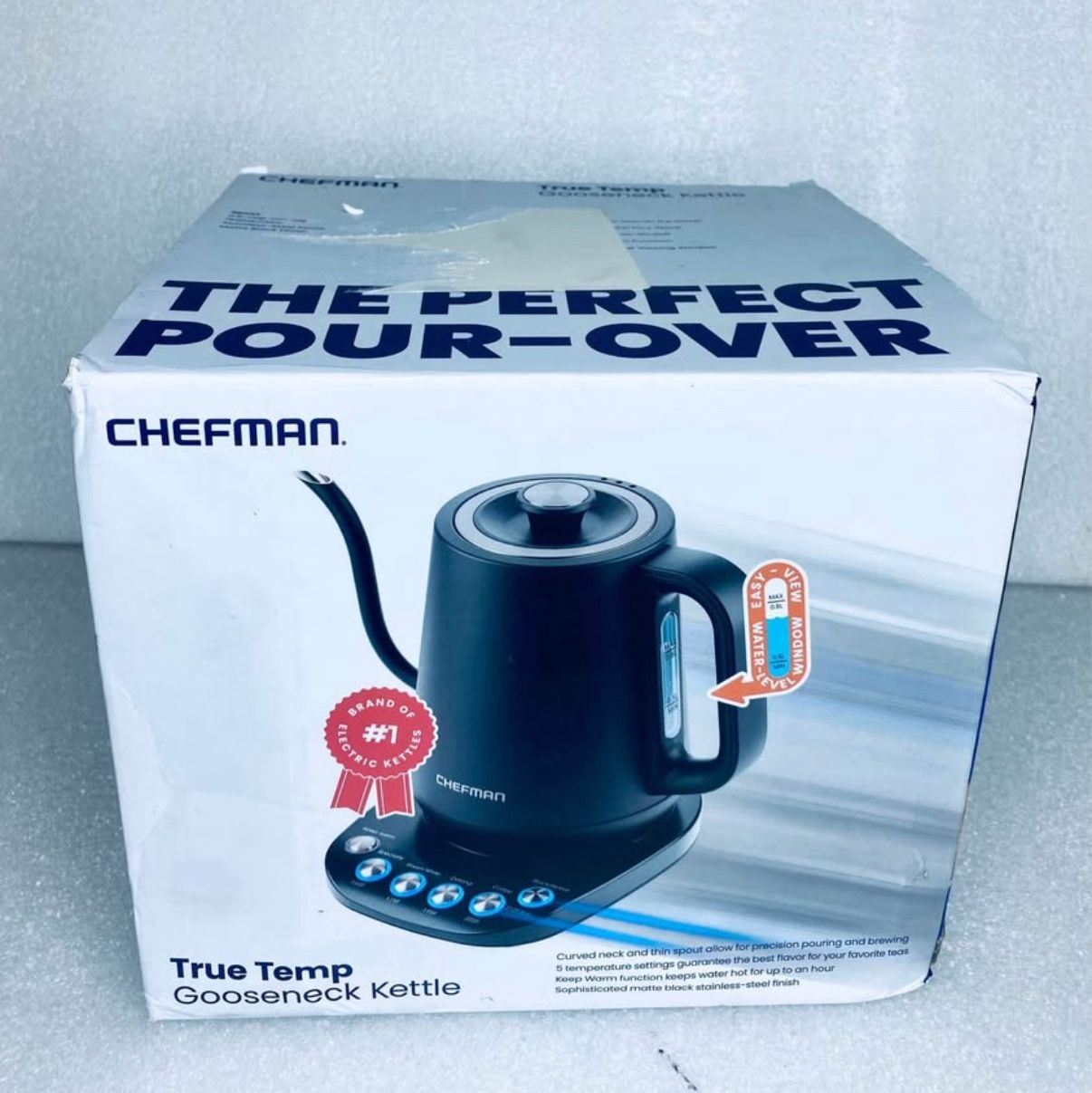 New Open Box Chefman True Temp Gooseneck 1500W Kettle Electric, RJ11-GN-P-BLACK-DS