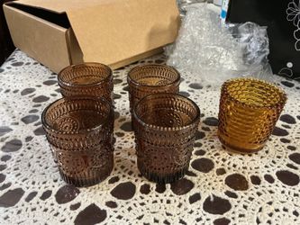 Set of 5 Amber Glass Votive Candle Holders