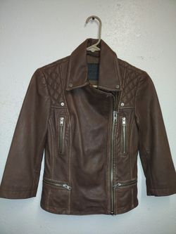 Women's Limited Edition All Saints Brown Cropped Cargo Bike Lamb Leather Jacket Size 2 - WL082E
