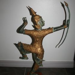 Vintage Bronze Gold And Green Prince Rama Thailand Statue