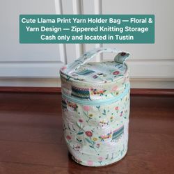 Cute Llama Print Yarn Holder Bag — Floral & Yarn Design — Zippered Knitting Storage