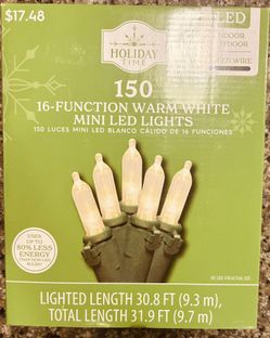 New - Holiday Time - 150 LED Warm White 16 Function Mini Lights Green Wire 31.9ft Long Christmas 