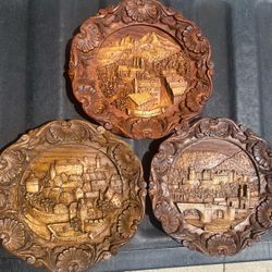 Three 9” Vintage Faux Carved Wood Pressed Plaques: “Bertchesgaden”, “Heidelberg” & “Nurnberg Burg” Germany/Austria