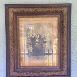 Antique Wooden/Glass Gold/Black Handcarved Ornate Picture Frame with Antique Picture (30”x26”)l