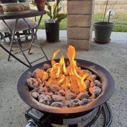 Outdoor Gas Fire Pit with Volcanic Stone, Enamel Bowl, Auto Ignition, Stainless Steel Burner