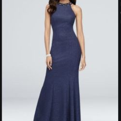 Beaded Neckline Textured Glitter Knitting Fabric Mermaid Gown 