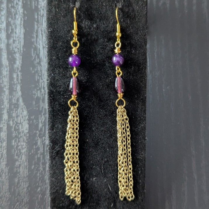 Elegant Purple Jade & Gold Chain Dangle Earrings – Handmade, Hypoallergenic & Unique