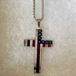 Silver Chain With American Flag Cross