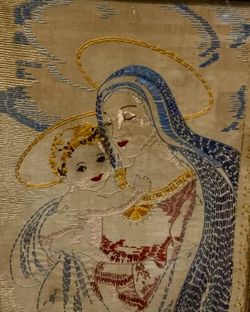 Antique , Embroidery of The Blessed Virgin Mary with Baby Jesus