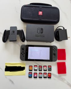 Nintendo Switch Gray Bundle + 10 Games + Carrying Travel Case + 2 Game Case Holders