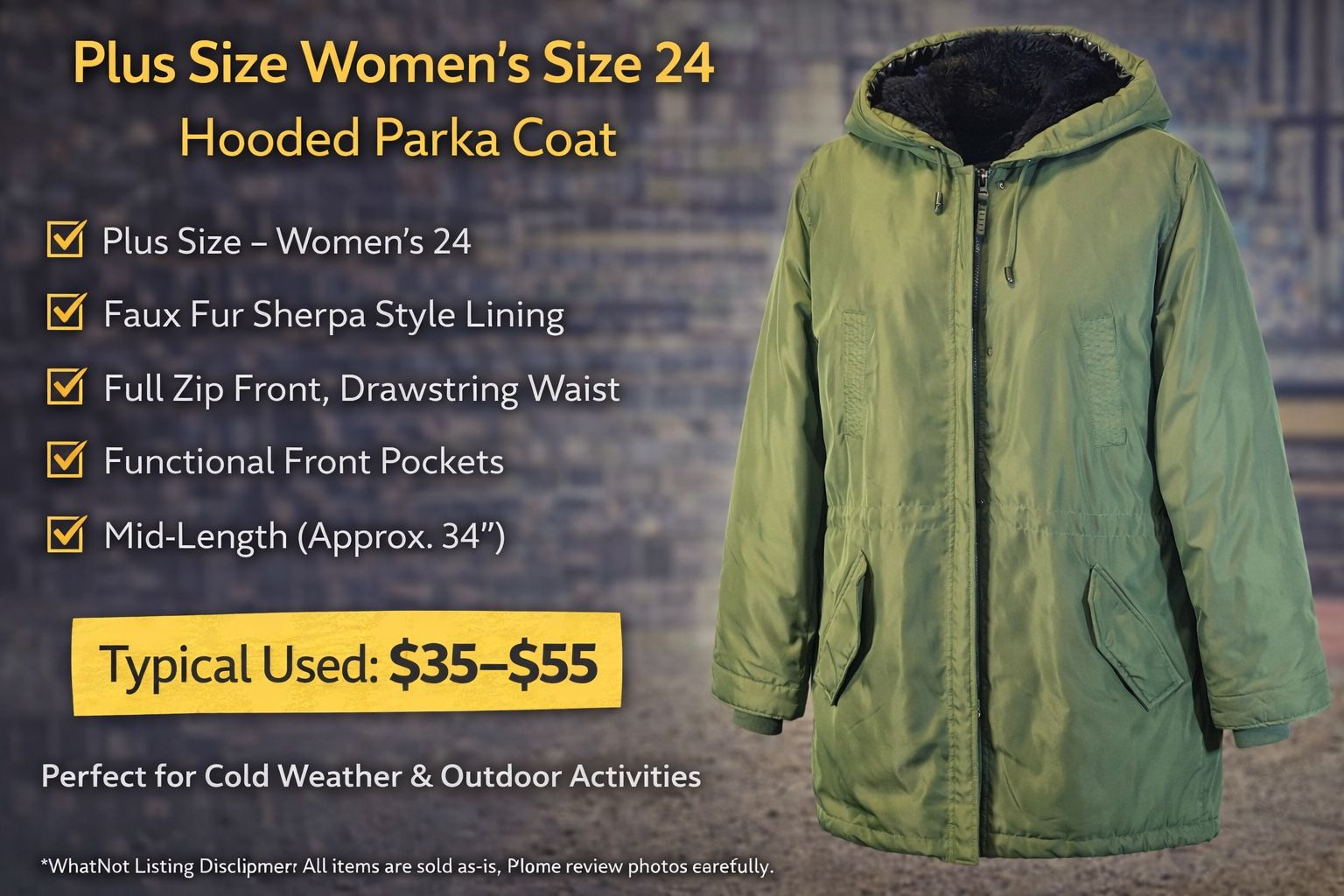 Woman Within Women’s Size 24 Green Hooded Parka Jacket Faux Fur Lined