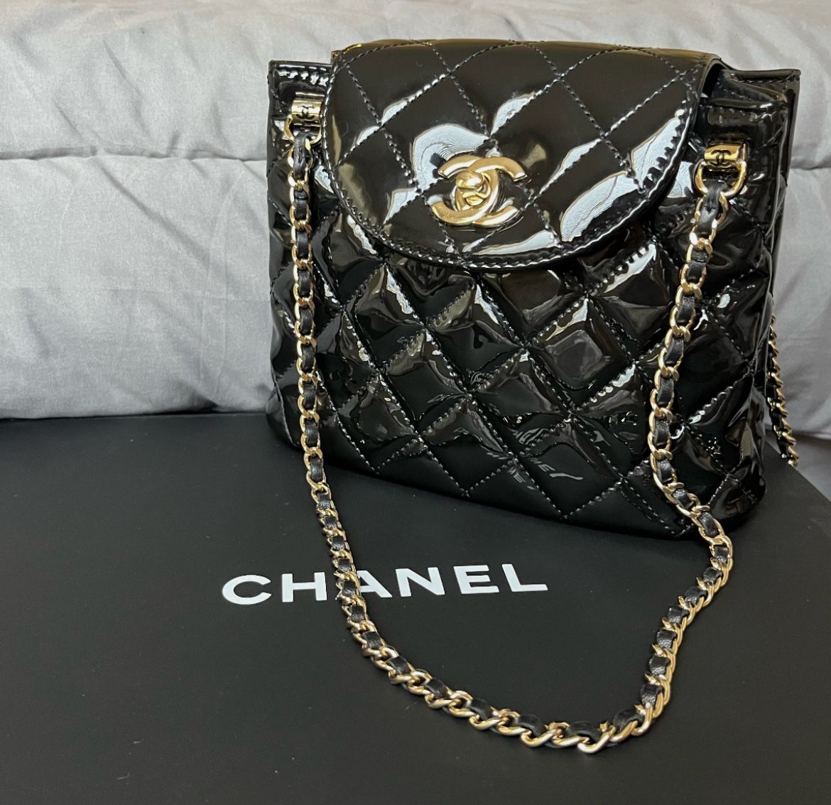 CHANEL BAG 23 Small Hobo Bag Black Patent Quilted Leather w/Gold Hardware