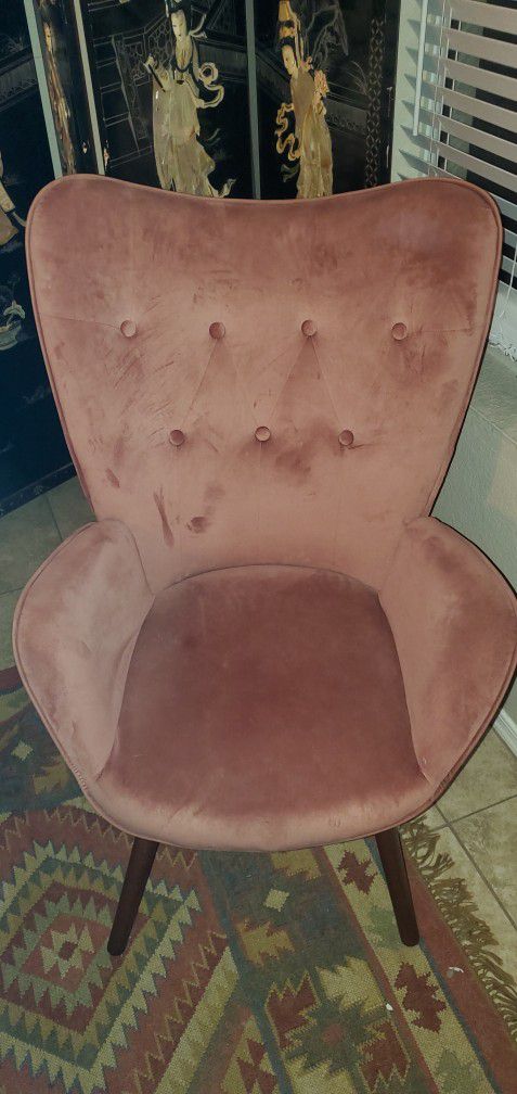 Wingback Pink Velour Tufted Wingback Chair With Wooden Legs