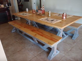 Farmhouse Dining Table with Two Benches