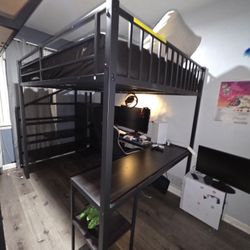 Twin size Black Metal Loft Bed with Desk and Shelves