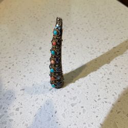 Antique VTG Chinese Silver / Gold Vermeil,Enamel,Turquoise, Coral Finger Nails Pin, Brooch.