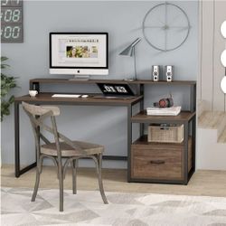 Tribesigns 59 inch Computer Desk with Storage Shelves and File Drawer, Large Home Office Desk with Hutch and Monitor Stand Riser Shelf (Vintage Brown)