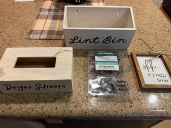 Farmhouse Lint Bin and Dryer Sheets Wooden Box Set plus other household storage items