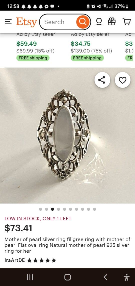 Sterling Silver Dome Heart Filigree Mother Of Pearl Ring