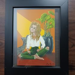Hand Painted Serene Moment Of Woman With Cat And Plant