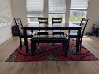 Dark Wood Dining Table Set with Chairs and Bench