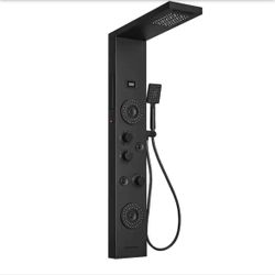 BWE 4-Jet Rainfall Shower Tower Shower Panel System with Rainfall Waterfall Shower Head and Shower Wand in Matte Black
