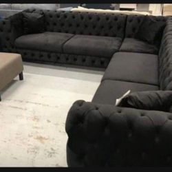 L Shape Modern Design Black Velvet Sectional Couch☄️ Brand New✅ Sofa Living Room Set 💥