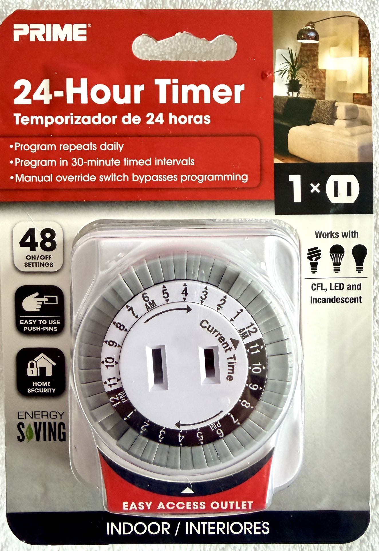 24-Hour Programmable Timer by Prime- Indoor-Plugs into outlet-New in sealed package. Great for security or holiday lighting