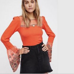FREE PEOPLE Orange Bohemian High Tides Embroidered Floral Mesh Bell Sleeve Top