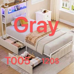 （T-005）Likimio 41-in W gray Twin Bed Frame with 2 Storage Drawers