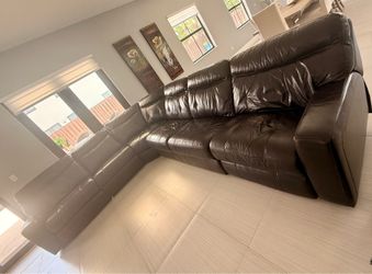 FOR SALE: Large Brown Leather Reclining Sectional Sofa – Good Condition