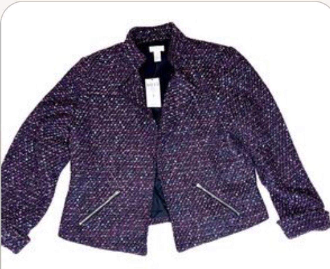 Chico's Womens Purple Metallic Eyelash Tweed Blazer Jacket