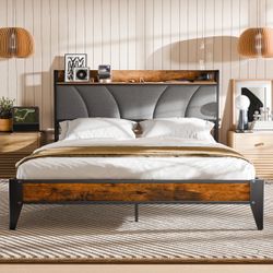 Full Size Modern Metal Bookcase Bed Frame with Storage and Built-in Power Outlets Headboard