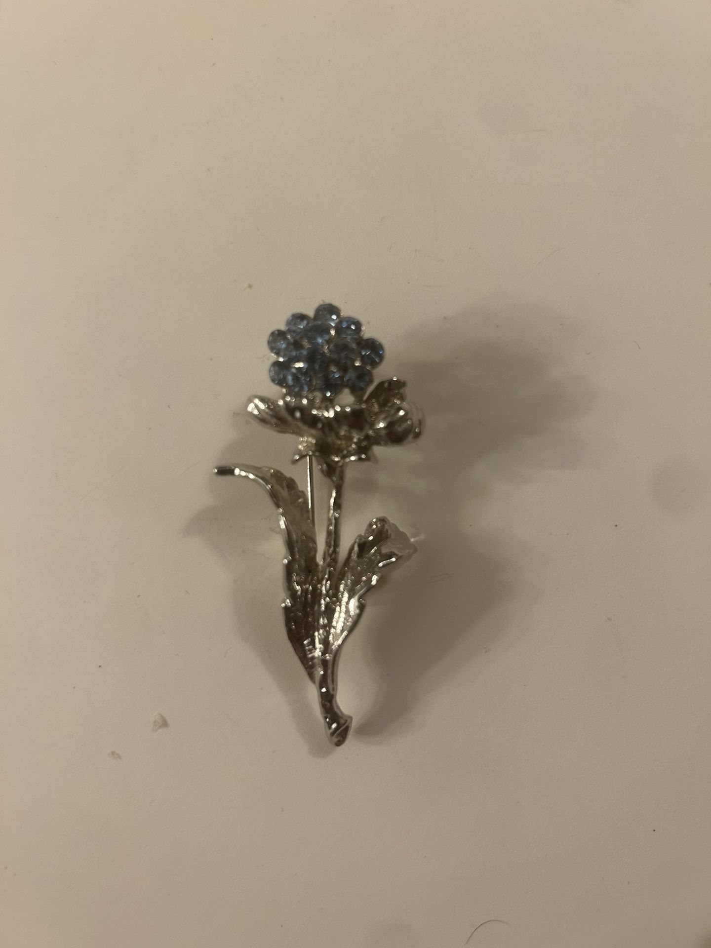 Rare Vintage Silver-Tone with Blue Rhinestones Floral Brooch