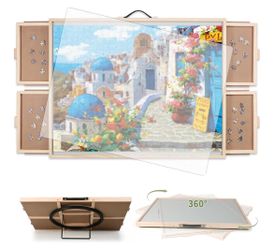 New In Box! BuilderButler 1500pc Tilting And Rotating Wooden Puzzle Board W/Drawers $45 (#1379)