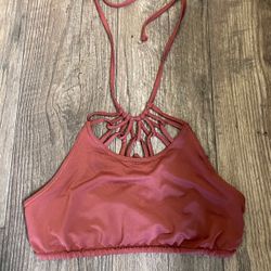 Chaser High Neck looped halter bikini top with cutouts. Maroon red. Sz small