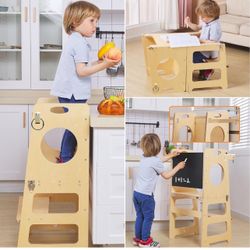 4-in-1 Foldable Kitchen Stool Helper with Safety Crossbar, Standing Toddlers Tower with Chalkboard for Learning, Montessori Folding Desk Table and Cha