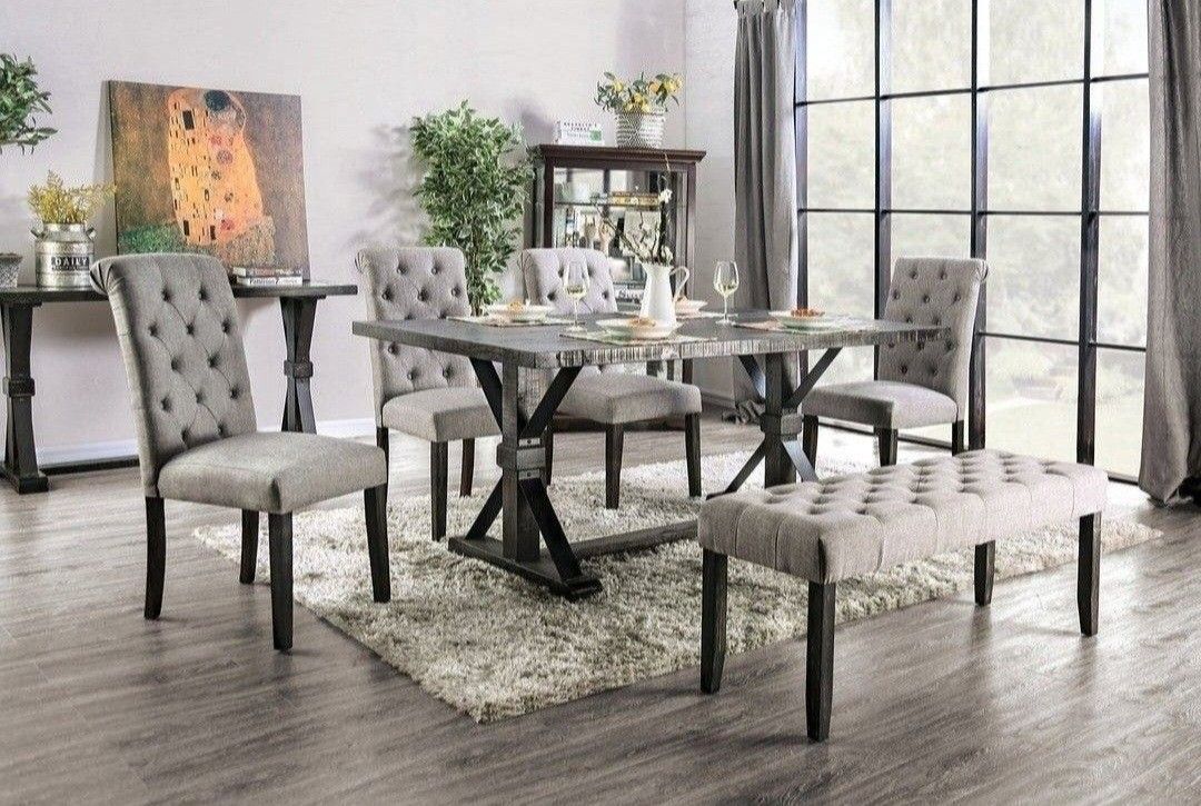 Brand New Rustic Antique Black Light Grey 6pc Dining Table Set 