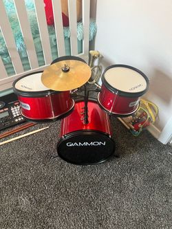 Gammon 3-Piece Kids Drum Set with Throne - Red, Junior Beginner Kit with Bass Drum, Toms, Cymbal, Pedal, and Drumsticks