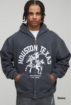 boohooMAN Washed Charcoal Oversized Boxy Zip Through Western Printed Hoodie (XL)