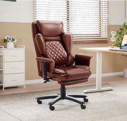 Faux Leather High-Back Ergonomic Office Chair in Brown with Adjustable Padded Arms, Swivel Chair with Headrest&Footrest