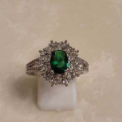 925 Silver CZ and Emerald Ring Size 10
