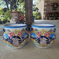 Turquoise Rim Talavera Clay Pots, Planters,Plants, Pottery $55 cada uno.