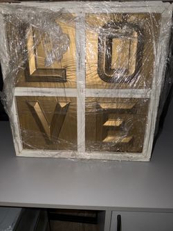 3D Gold Metal “LOVE” Wall Art – Distressed Wood Frame
