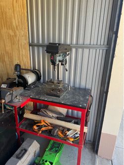 Work bench, drill press, vice, grinder