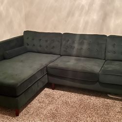Green Velvet L-Shaped Sectional Sofa with Chaise – Like New